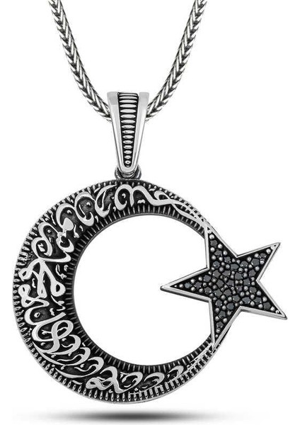 Gümüş Kelime-I Tevhid Yazılı Taşlı Erkek Kolye