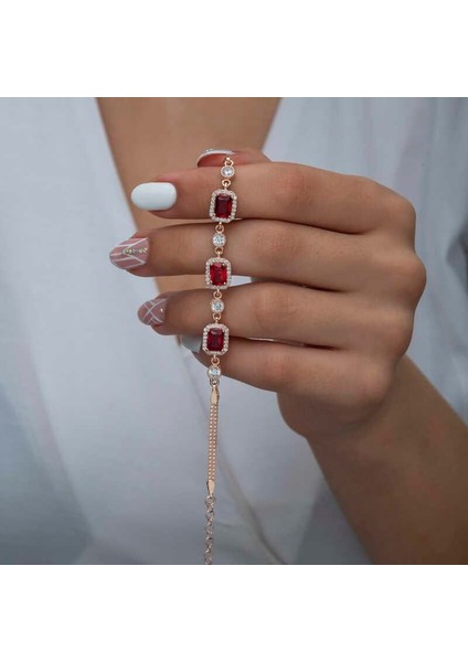 925 Ayar Gümüş Rose Baget Kırmızı Taşlı Kadın Bileklik