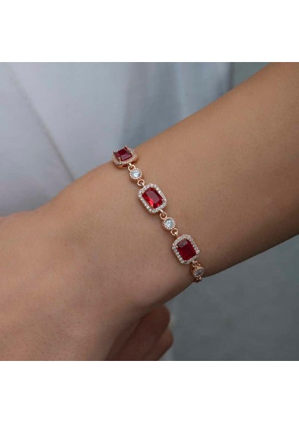925 Ayar Gümüş Rose Baget Kırmızı Taşlı Kadın Bileklik modelleri