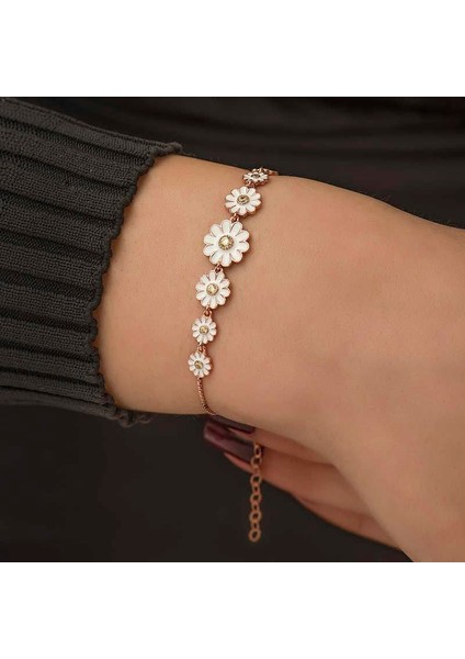 925 Ayar Gümüş Rose Sıralı Papatya Bileklik fiyatları