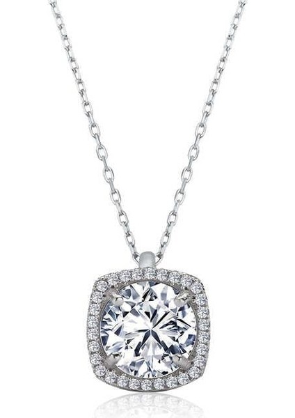 925 Ayar Gümüş Kare Montür Tek Taş Kadın Gümüş Kolye