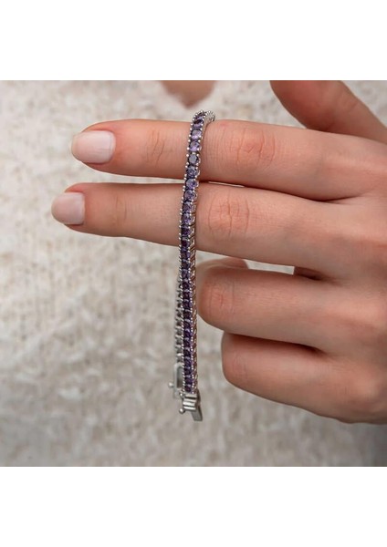 Gümüş Mor Zirkon Taşlı Su Yolu Kadın Bileklik