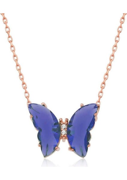 ​925 Ayar Gümüş Mavi Cam Kelebek Kadın Gümüş Kolye