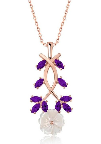 Gümüş Rose Mor Yapraklı Bahar Çiçeği Kolye