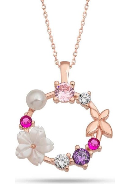 925 Ayar Gümüş Rose Manolya Çiçeği Kelebek Kadın Kolye