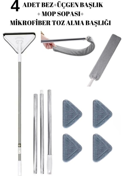 Set Üçgen Cam Silme ve Toz Alma Başlığı, Mikrofiber Bezli, Beyaz, 4'lü