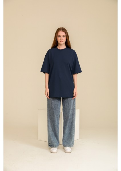 Kadın Lacivert Oversize Bisiklet Yaka %100 Organik Pamuk Düz Basic Yazlık T-Shirt modelleri