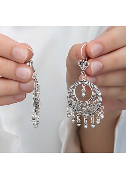 Gümüş Çember Telkari Sallantılı Kadın Küpe