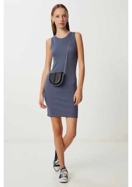 Basic Fitilli Örme Mini Elbise LUB0171 Antrasit