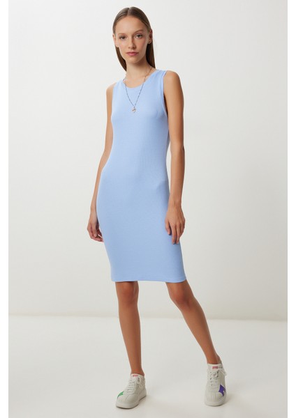 Basic Fitilli Örme Mini Elbise LUB0171 Gök Mavi