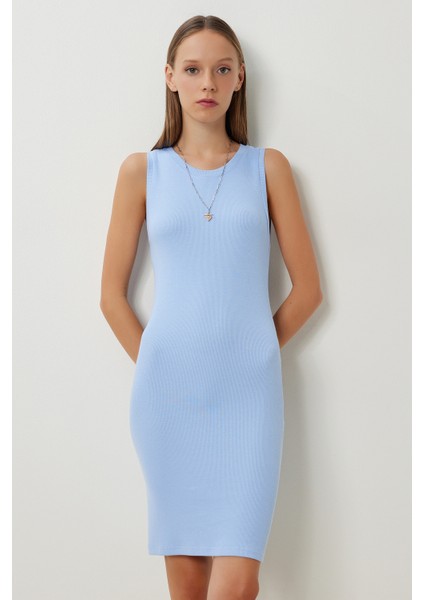 Basic Fitilli Örme Mini Elbise LUB0171 Gök Mavi fiyatları