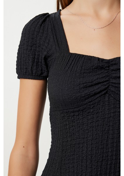 Dokulu Yazlık Mini Örme Elbise LUB0182 Siyah modelleri