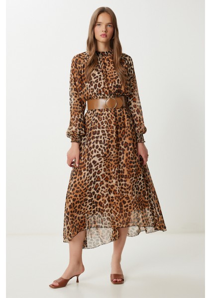 Kemerli Desenli Volanlı Şifon Elbise LFG0073 Siyah Camel fiyatları