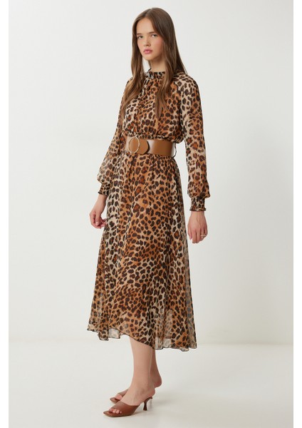 Kemerli Desenli Volanlı Şifon Elbise LFG0073 Siyah Camel fırsatları