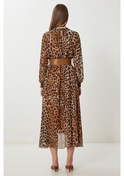 Kemerli Desenli Volanlı Şifon Elbise LFG0073 Siyah Camel indirimleri