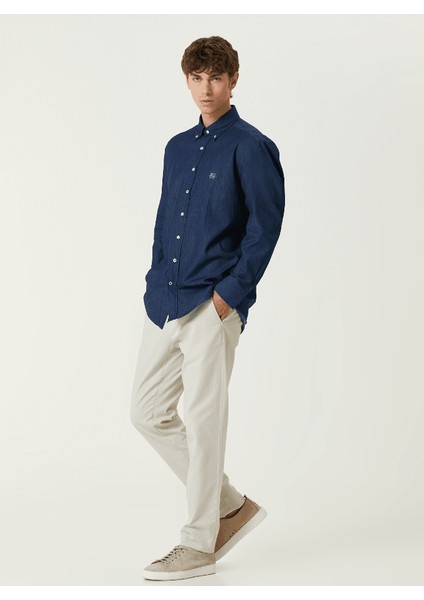 Koyu Mavi Erkek Keten Gömlek