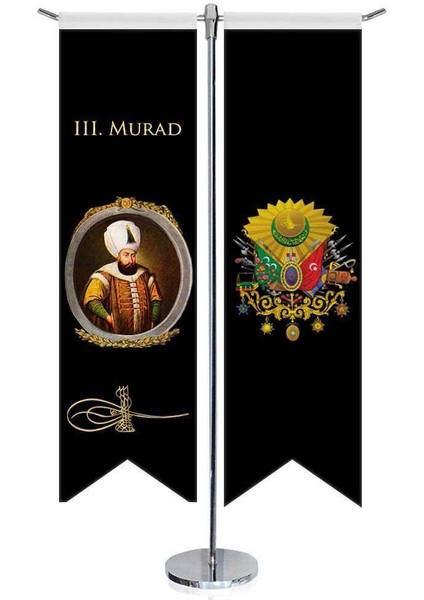 Osmanlı Padişahları - Iıı. Murad ve Osmanlı Arması - Kırlangıç - Saten T Direk 2li Masa Bayrağı