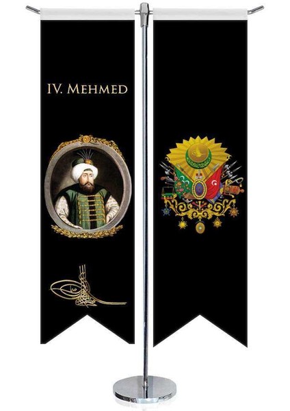 Osmanlı Padişahları - Iv. Mehmed ve Osmanlı Arması - Kırlangıç - Saten T Direk 2li Masa Bayrağı
