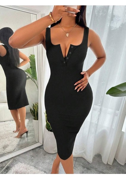 Kadın Askılı Önü Düğmeli Midi Kaşkorse Elbise