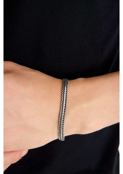 925 Ayar Gümüş Erkek Oksitli Balık Sırtı Bileklik 6 mm 21 cm