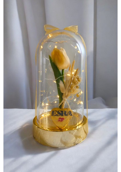 Sevgililer ve Anneler Günü , Arkadaşa Özel Hediye Altın Renkli Fanus Yapay Islak Lale Isim Yazmalı