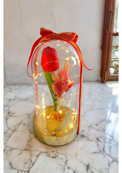 Sevgililer ve Anneler Günü , Arkadaşa Özel Hediye Altın Renkli Fanus Yapay Islak Lale Isim Yazma