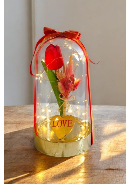 Sevgililer ve Anneler Günü , Arkadaşa Özel Hediye Altın Renkli Fanus Yapay Islak Lale Isim Yazma modelleri