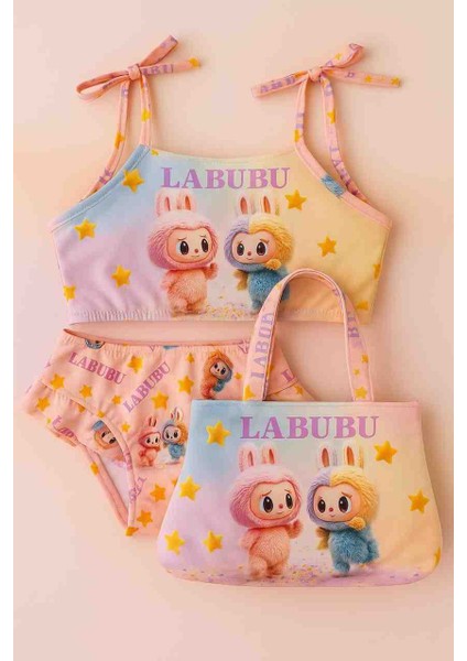 Kız Çocuk Labubu Pembe Üç Parça Çantalı Mayo Bikini Takımı