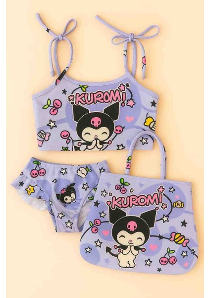 Kız Çocuk Kuromi Mor Çantalı Üç Parça Mayo Bikini Takımı
