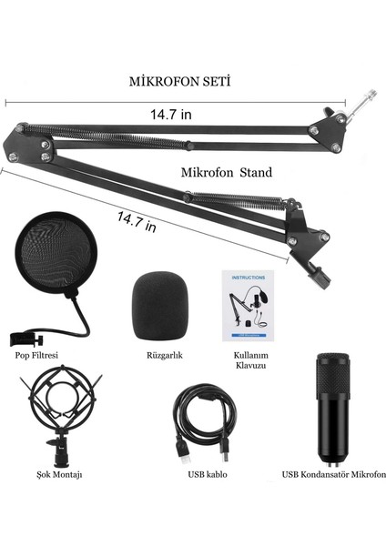 Profesyonel USB Kondansatör Mikrofon Seti Ayarlanabilir Kol Stand Podcast Youtube Karaoke Stüdyo