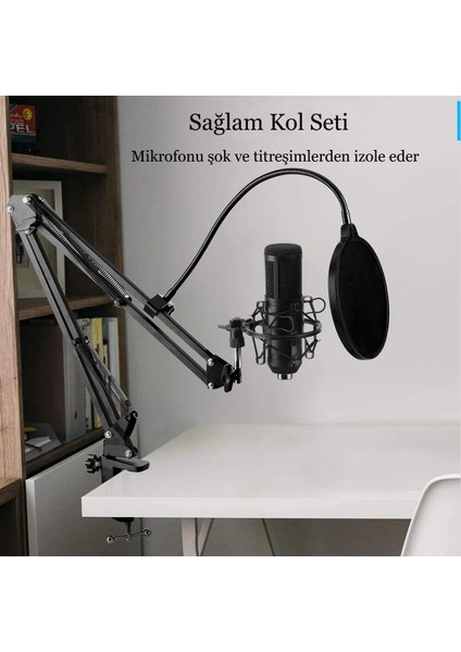 Profesyonel USB Kondansatör Mikrofon Seti Ayarlanabilir Kol Stand Podcast Youtube Karaoke Stüdyo