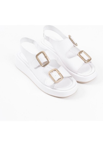 Shery Premium Beyaz Çift Bantlı Tokalı Sandalet modelleri