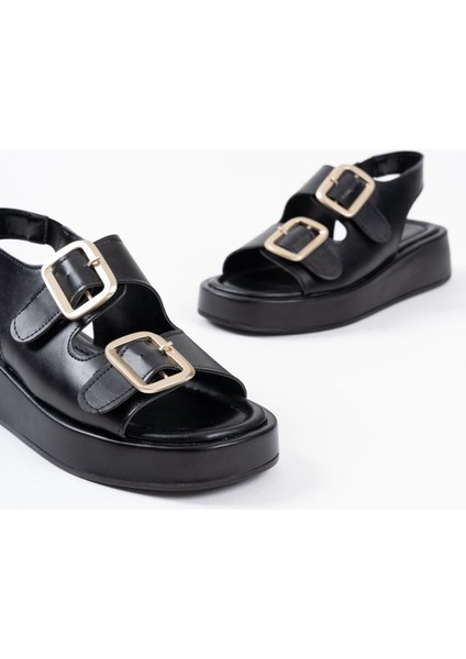 Shery Premium Siyah Çift Bantlı Tokalı Sandalet