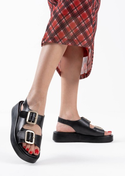 Shery Premium Siyah Çift Bantlı Tokalı Sandalet indirimleri