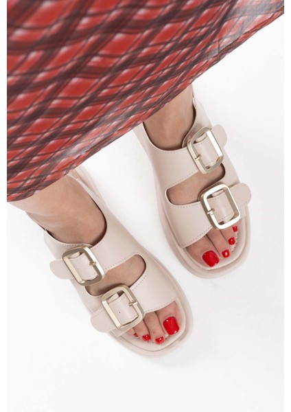 Shery Premium Bej Çift Bantlı Tokalı Sandalet modelleri