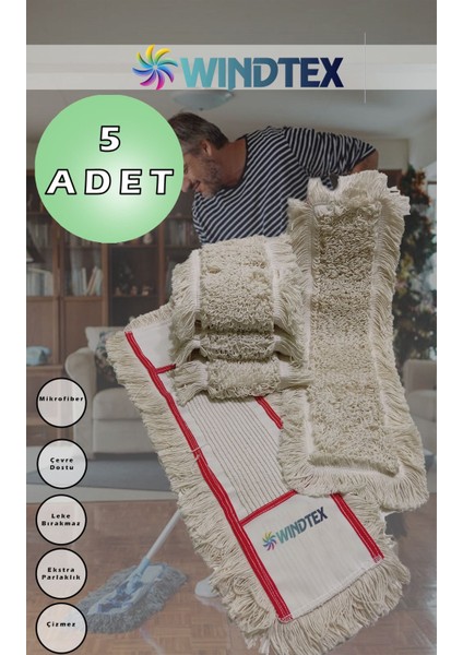 5 Adet Uzun Beyaz Mop Bezi 60 Cm, Yedekli, Temizlik Için Idealdir