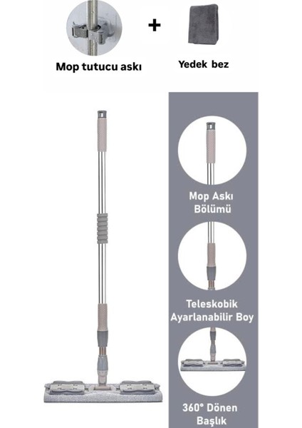 Ayarlanabilir Saplı Gri Mop, Süngerli, Bez Tutucu ve Yedek Bezli Set
