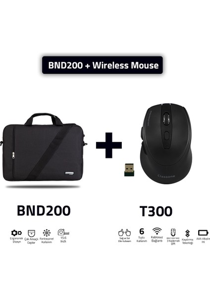 BND200 Eko Serisi 15,6 Inç Laptop Notebook El Çantası Siyah T300 Kablosuz Mouse