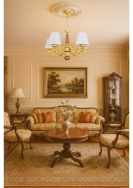 Doğal Ahşaplı Yarımat Gold Boyalı Beş Kollu Krem Şapkalı Avize