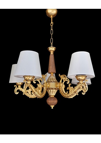 Doğal Ahşaplı Yarımat Gold Boyalı Beş Kollu Krem Şapkalı Avize fiyatları