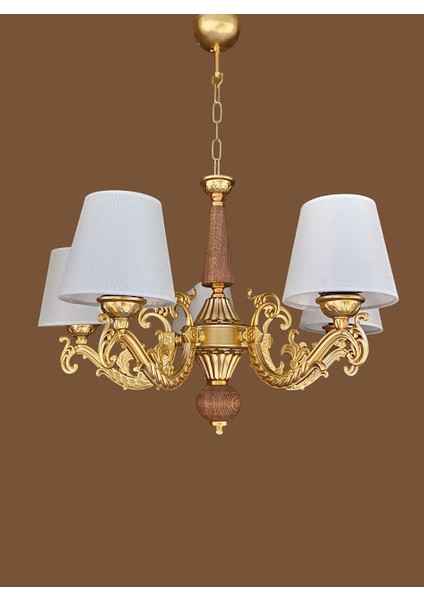 Doğal Ahşaplı Yarımat Gold Boyalı Beş Kollu Krem Şapkalı Avize modelleri