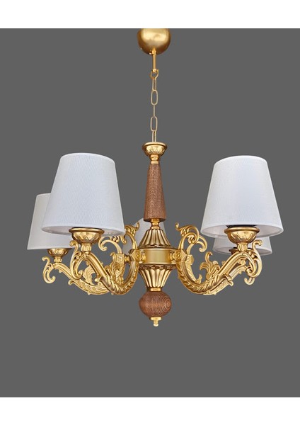 Doğal Ahşaplı Yarımat Gold Boyalı Beş Kollu Krem Şapkalı Avize fırsatları