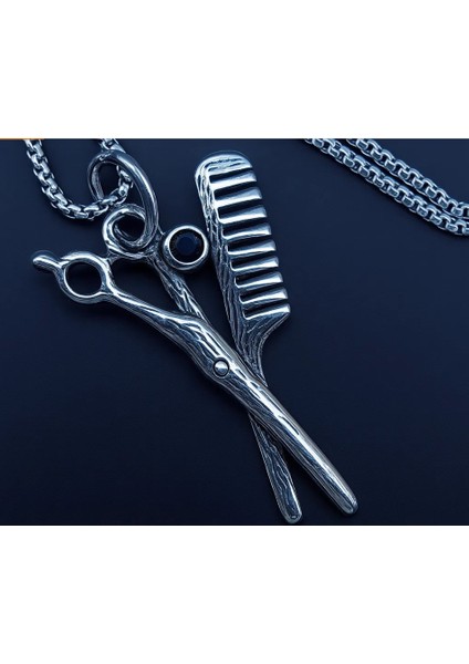 Büyük Boy Kuaför Temalı Siyah Zirkon Taşlı Paslanmaz Kararmaz Çelik Kolye /tarak Makas Kolye