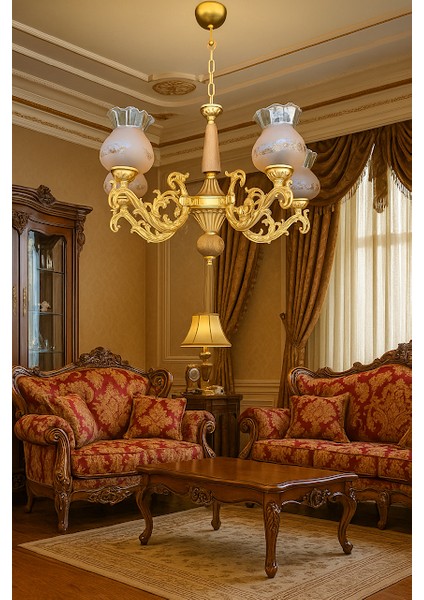 Doğal Ahşaplı Yarı Mat Gold Boyalı Desenli Bal Camlı Beş Kollu Avize