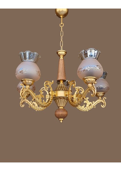 Doğal Ahşaplı Yarı Mat Gold Boyalı Desenli Bal Camlı Beş Kollu Avize fiyatları