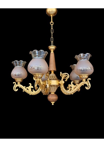 Doğal Ahşaplı Yarı Mat Gold Boyalı Desenli Bal Camlı Beş Kollu Avize modelleri
