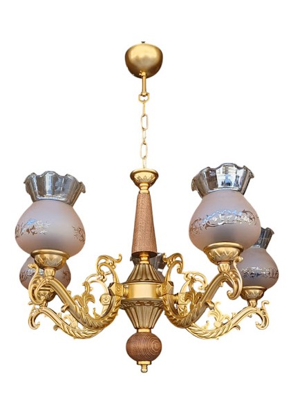 Doğal Ahşaplı Yarı Mat Gold Boyalı Desenli Bal Camlı Beş Kollu Avize fırsatları