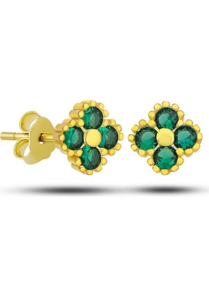 Gümüş Gold Yonca Çivili Yeşil Taşlı Çocuk Küpe fiyatları