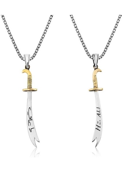 Gümüş Zülfikar Kılıcı Hz. Ali Yazılı Erkek Kolye