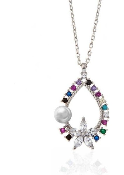 Gümüş Renkli Taşlı Çiçekli Kadın Kolye fiyatları